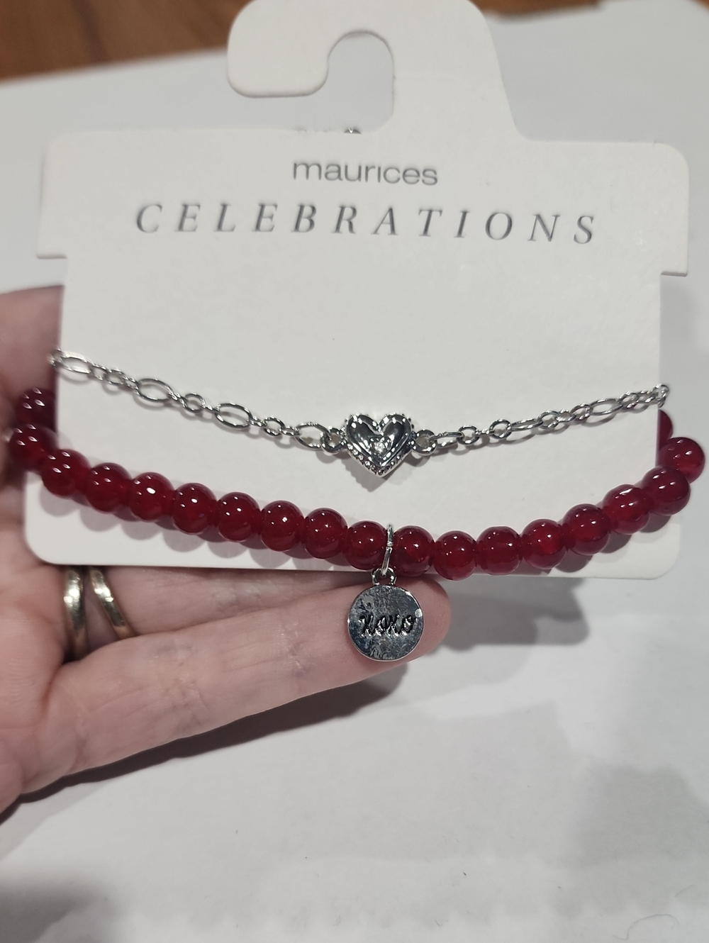 Maurices Red Beaded and Silver Heart Charm Bracelet Duo